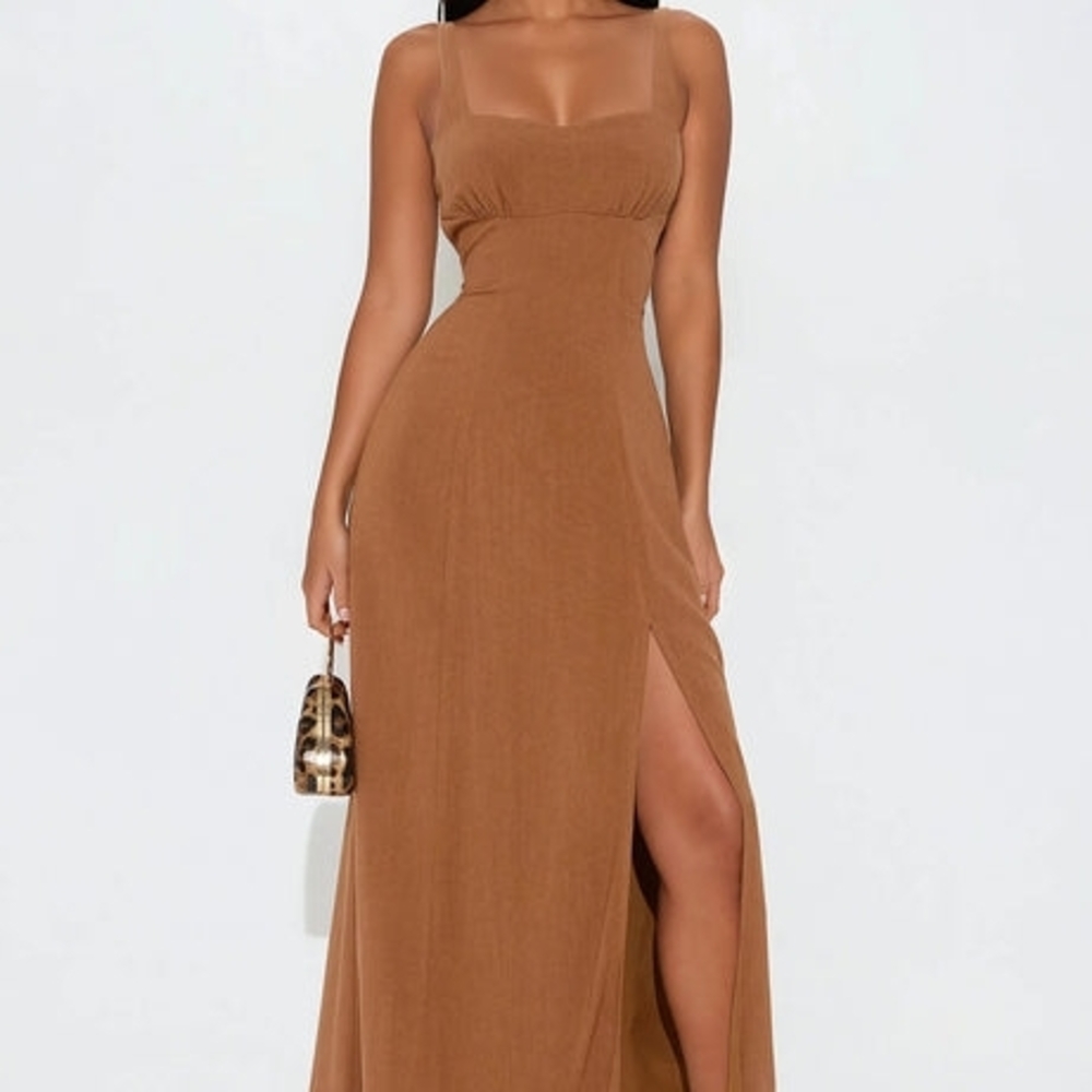 NWT Cognac Brown Slinky Maxi Dress - L - High Slit Square Neck Minimalist Boho
